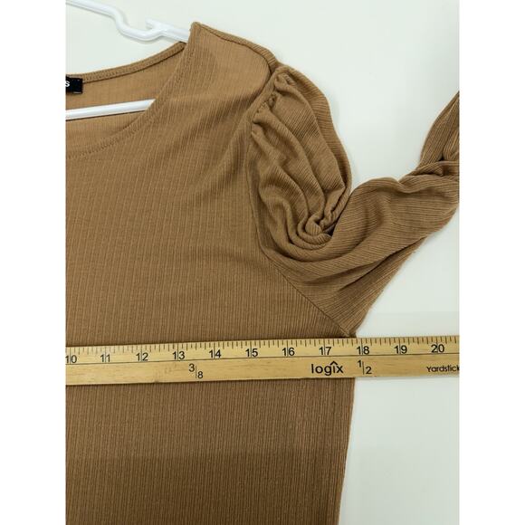 Express Womens Shirt Size XL Brown Ribbed LongSleeve Ruched Shoulder Lightweight - Picture 6 of 9